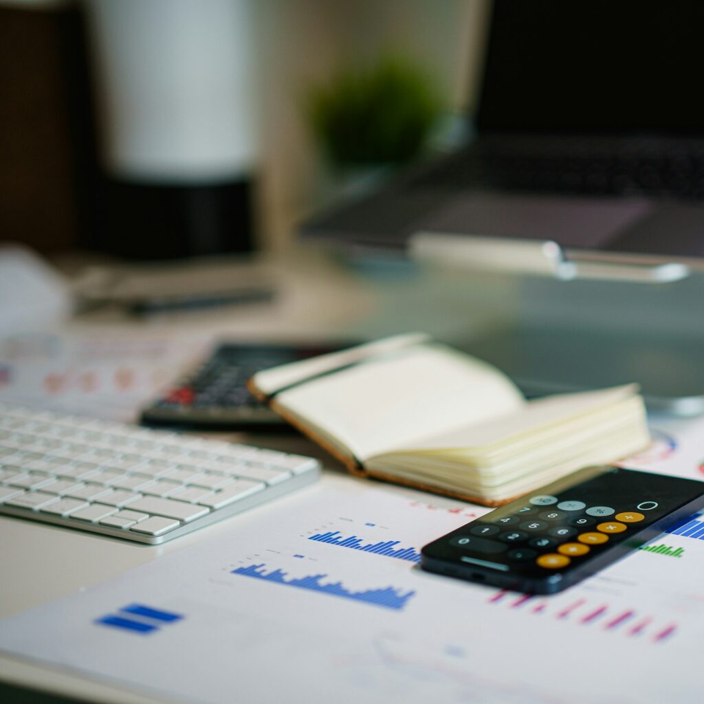 Financial report with charts on an office desk